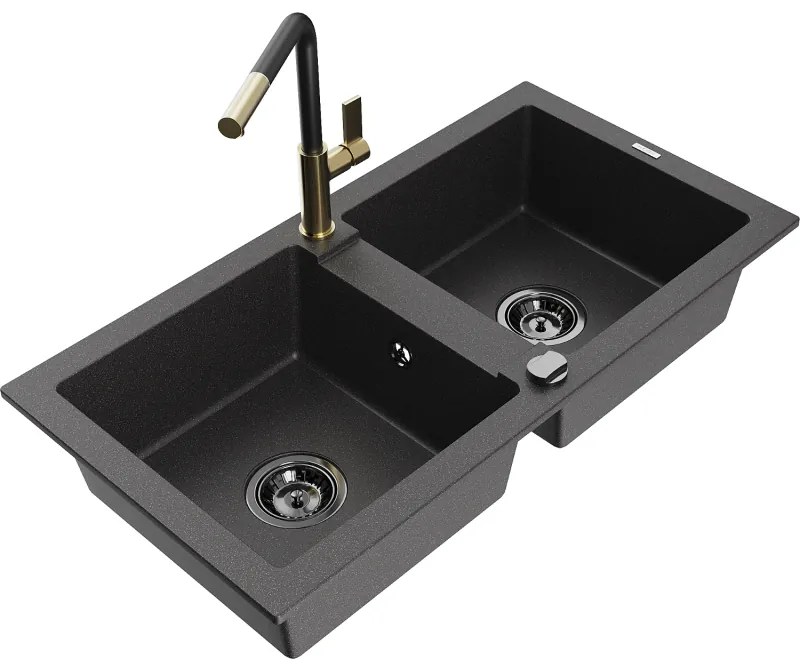 Mexen Mario, 2-komorový granitový drez 820x436x161 mm a drezová batéria Flora, čierna škvrnitá, 6504-76-670401-57-B