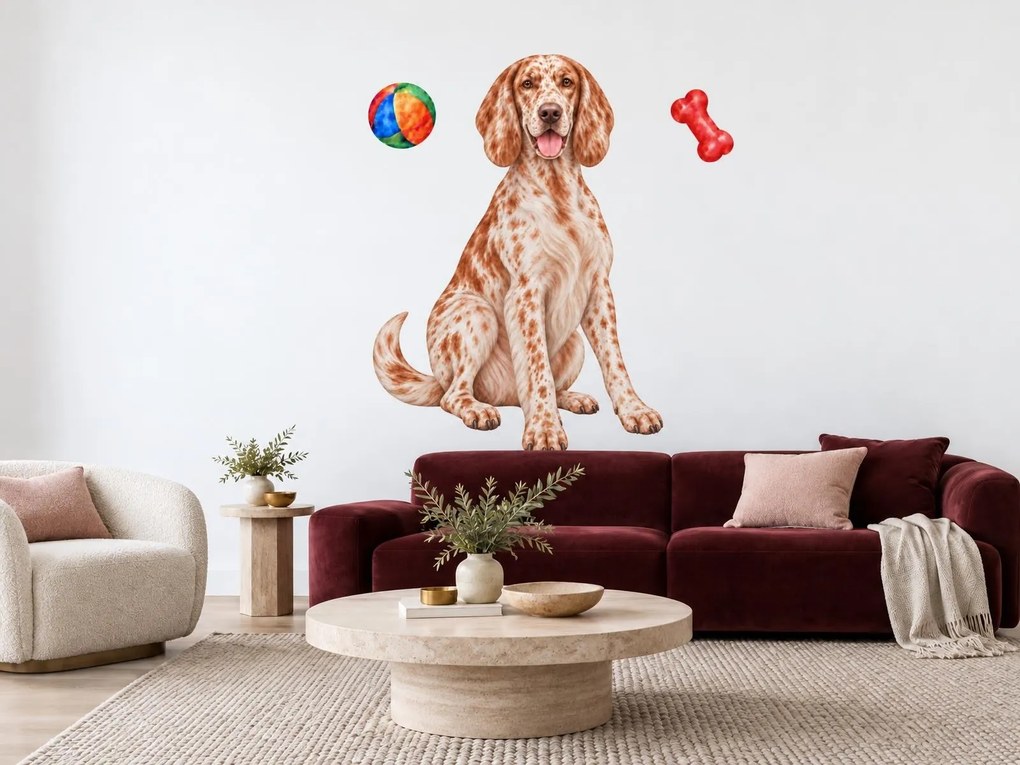 Anglický setr realistické textilné nálepky na stenu do obývačky arch 31 x 46 cm