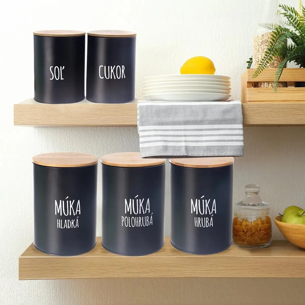 Orion Dóza na potraviny, plechová, černá, s bambusovým víkem, 1,3l, Cukor SK