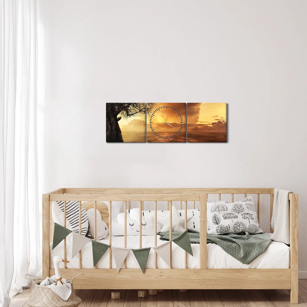 Obraz oranžových mračien (s hodinami) (90x30 cm)