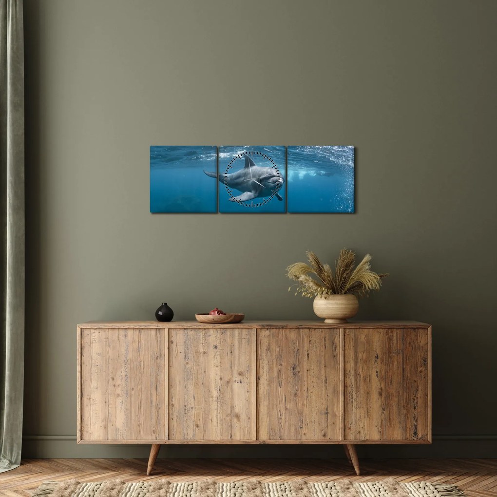 Obraz - Delfín pod hladinou (s hodinami) (90x30 cm)