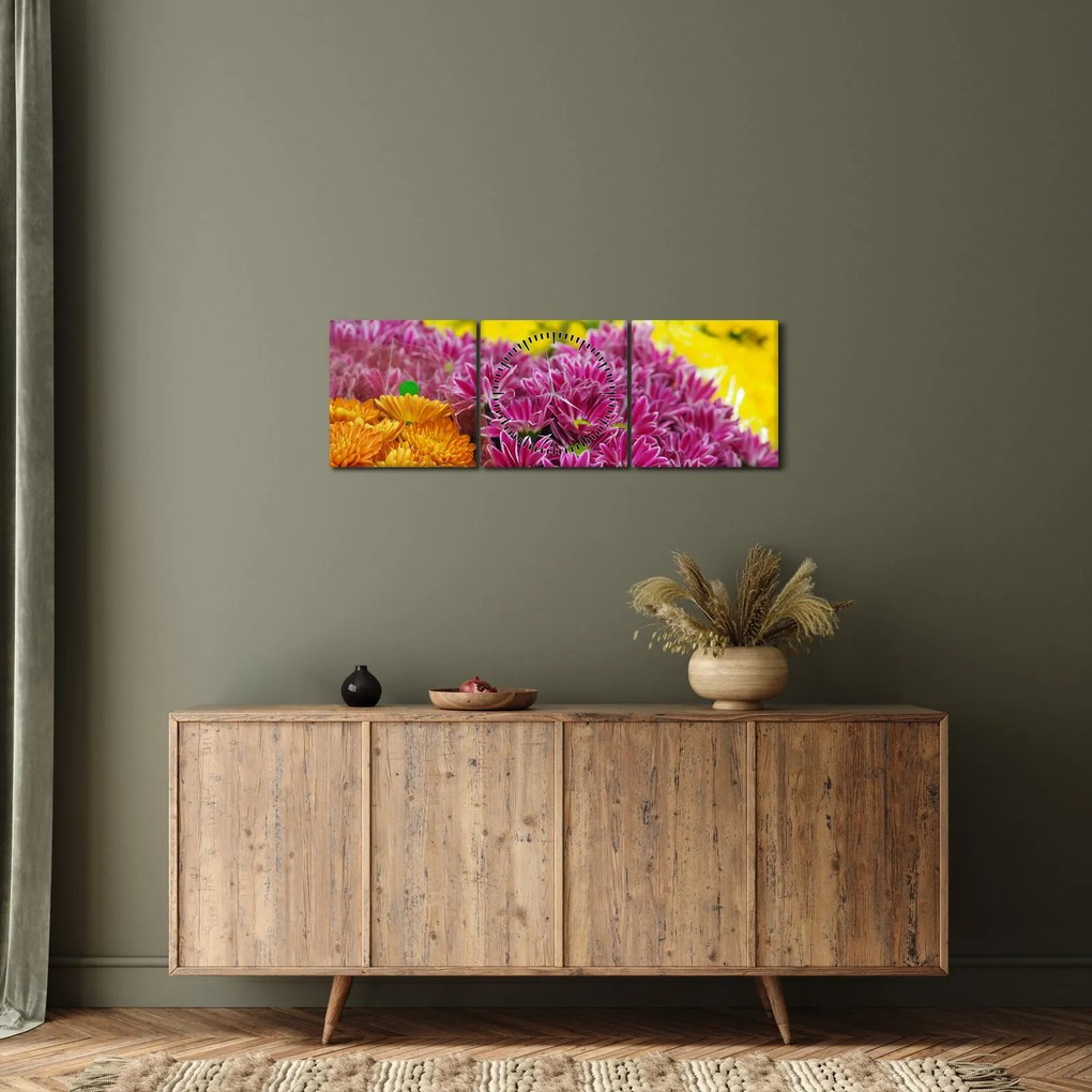 Obraz ružového kvetu (s hodinami) (90x30 cm)
