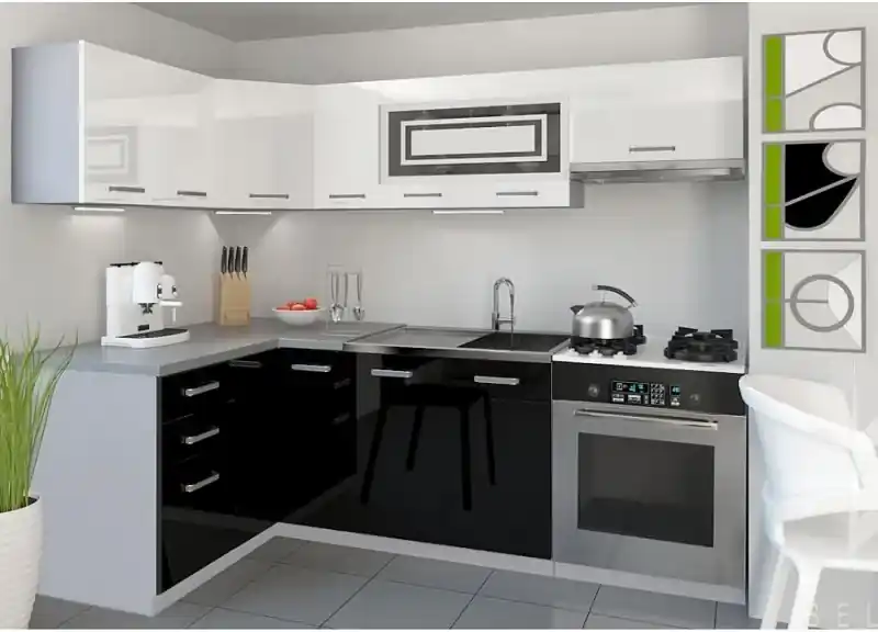 Kuchynská linka 130 x 230 cm bielo čierna rohová Lui | BIANO