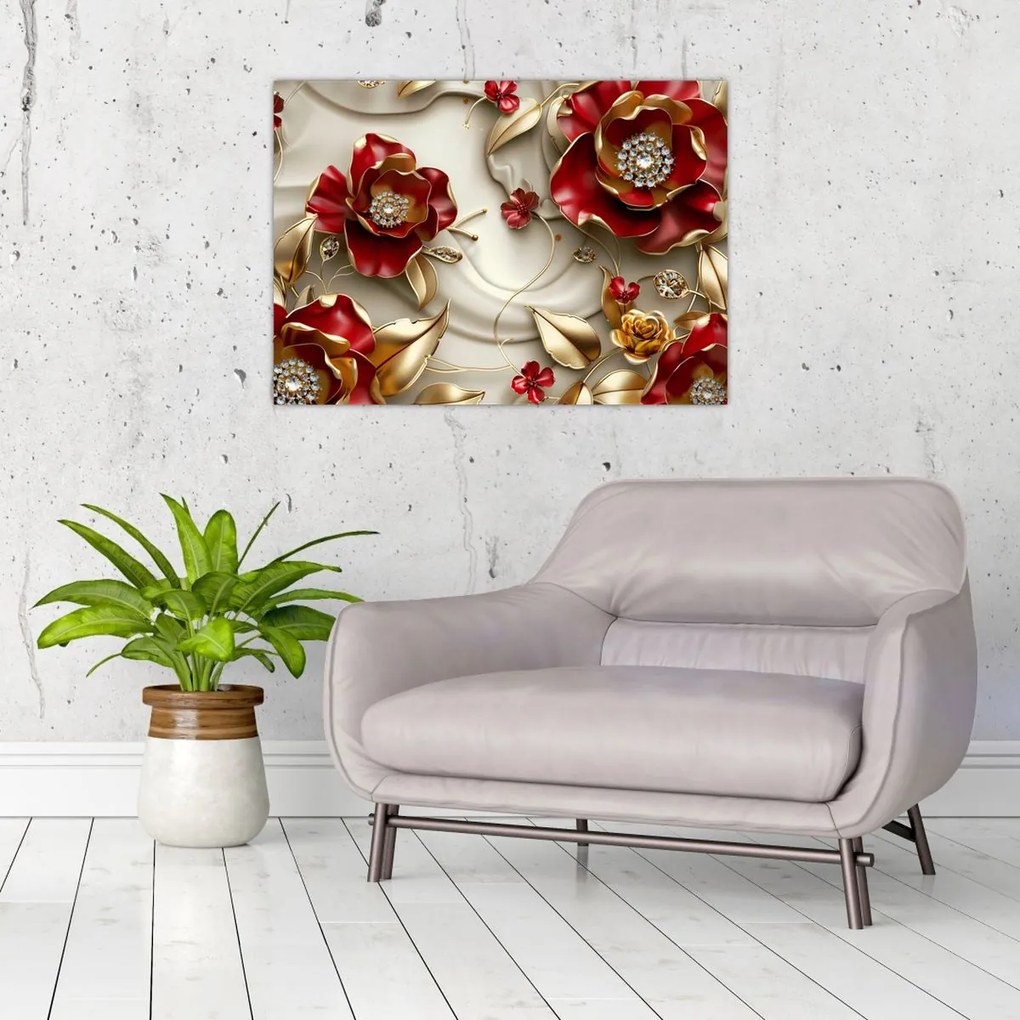 Obraz - 3D Červeno-zlaté kvety (70x50 cm)