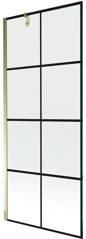 Mexen Next, vaňová zástena 1-krídlová 80 x 150 cm, fixné krídlo, 6 mm číre sklo s čiernym vzorom, zlatý profil, 895-080-000-00-77-50