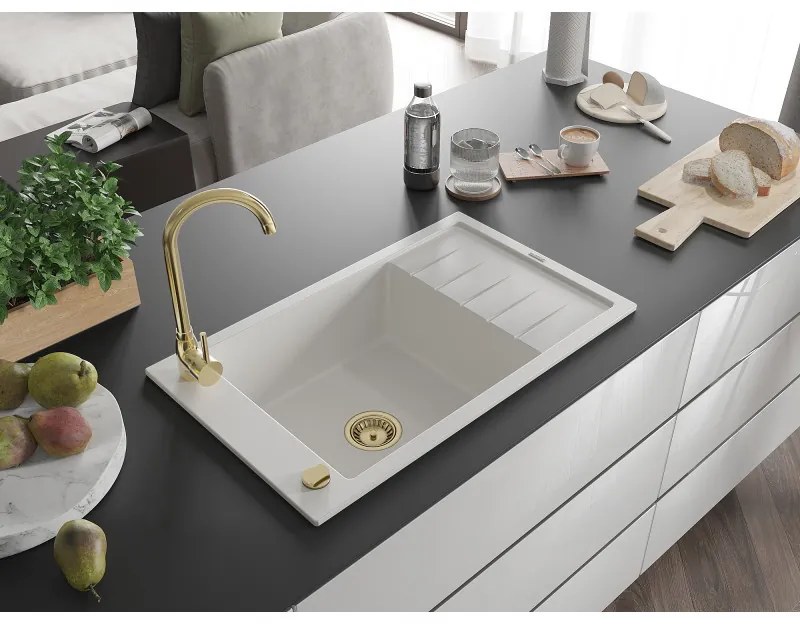 Mexen Elias, granitový drez granitový 795x480x200 mm, 1-komorový, biela so zlatým sifónom, 6511791005-20-G