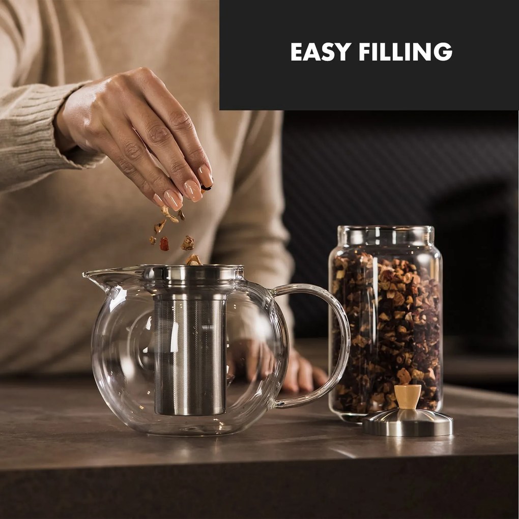 Klarstein Sencha, kanvica na čaj, 1,3 l, sitko z nehrdzavejúcej ocele, borosilikátové sklo, vrchnák