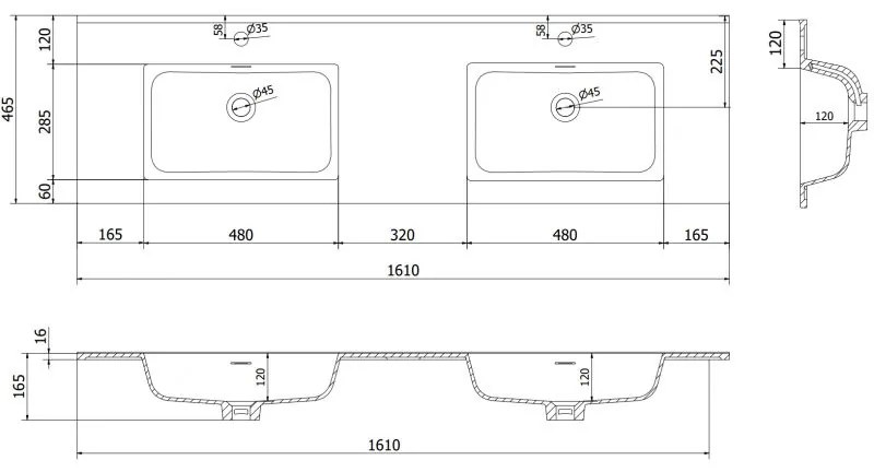 Mexen Otis, dvojité umývadlo zapustené do dosky 161 × 46,5 cm, čierna matná, 25181671D