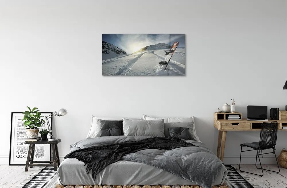 Obraz na skle Doska v snehu horách 125x50 cm