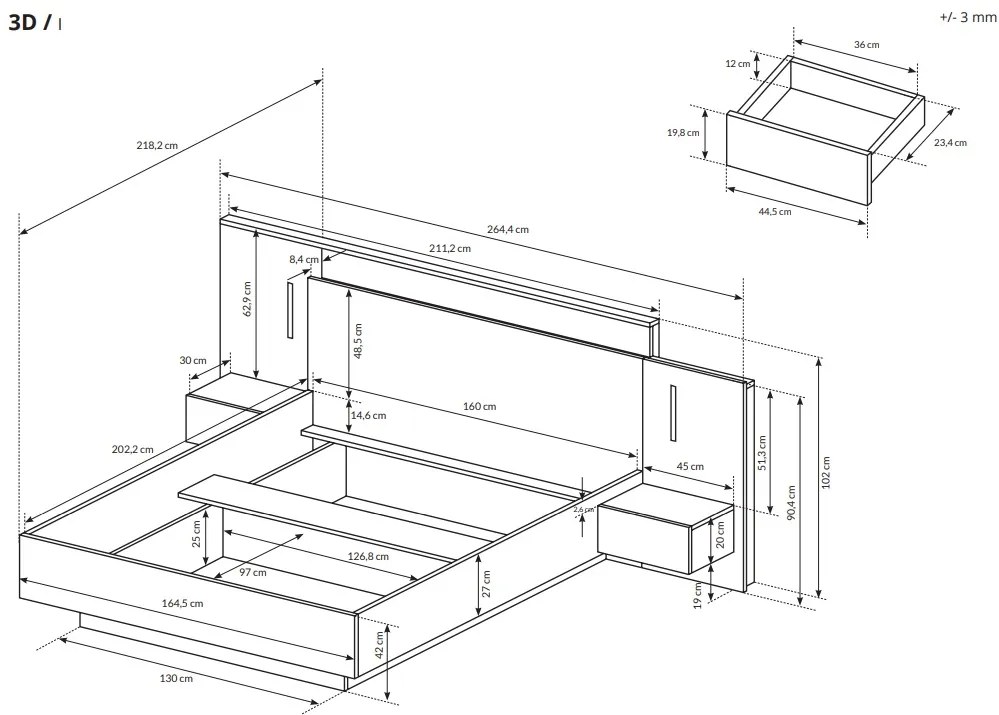 Manželská posteľ s nočnými stolíkmi a osvetlením LAS 3D