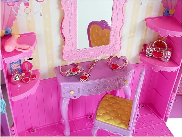 LEAN Toys Šatník so svetlom a zrkadlom, bábika 26 cm, sada oblečenia a doplnky
