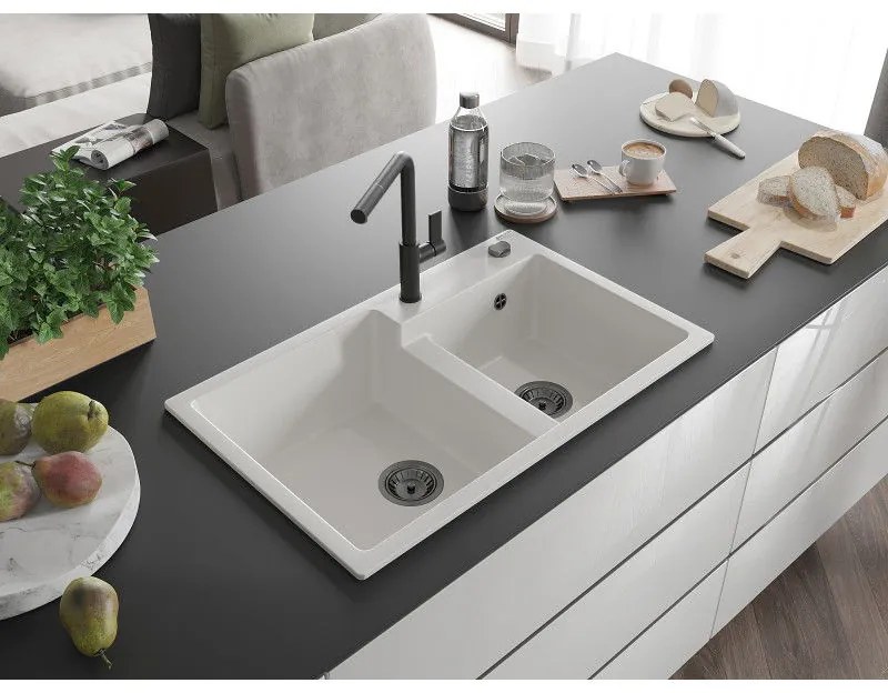 Mexen Tomas, 2-komorový granitový drez 800x500x190 mm a drezová batéria Flora, biela, 6516-20-670401-70-B