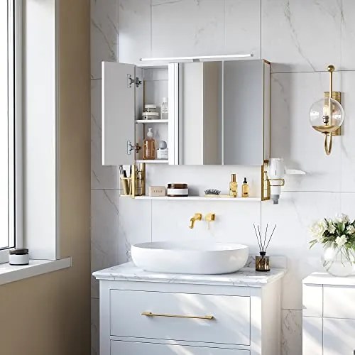 Zrkadlová skrinka do kúpeľne Nástenná skrinka s LED svetlom, biela a zlatá farba