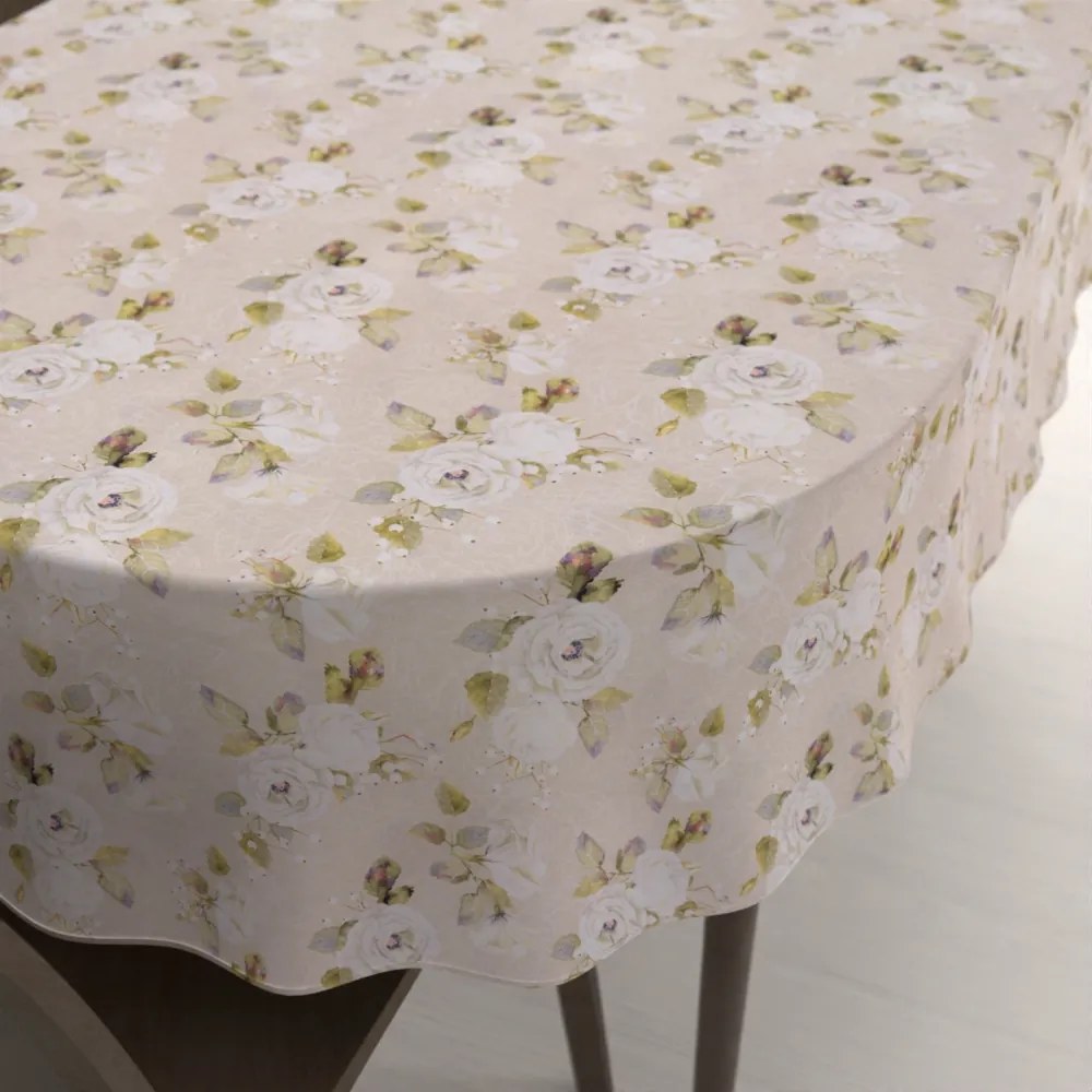Biante Dekoračný oválny obrus PML-059 Biele ruže s perokresbou na béžovom 140x220 cm