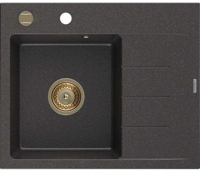 Mexen Ben, 1-komorový granitový drez 600x500x190 mm, ľavý + zlatý sifón, čierna škvrnitá, 6522605000-76-G