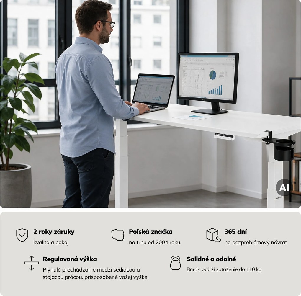 Elektrický stôl s nastaviteľnou výškou ergonomický biely,1600x800 mm: ARIA