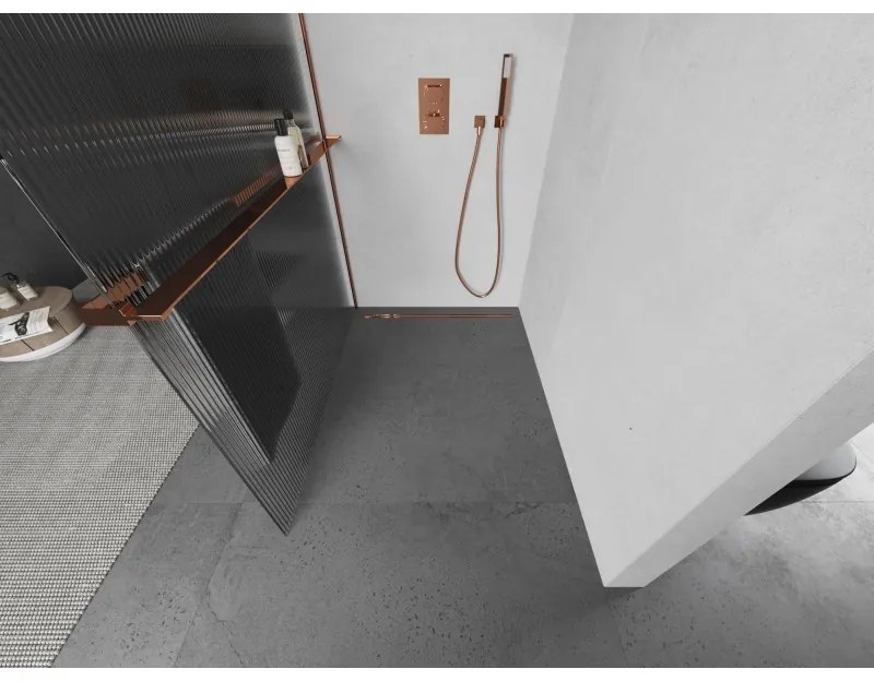 Mexen Kioto+ L, sprchová zástena Walk-In s poličkou a vešiakom 120 x 200 cm, 8mm sklo s rebrovým vzorom, ružové zlato profil, 800-120-123-60-09