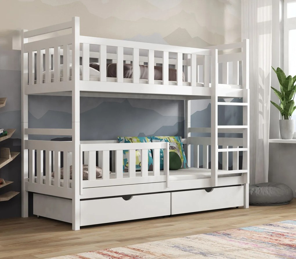 Detská poschodová posteľ z masívu borovice KAREL so šuplíkmi - 200x90 cm - BIELA