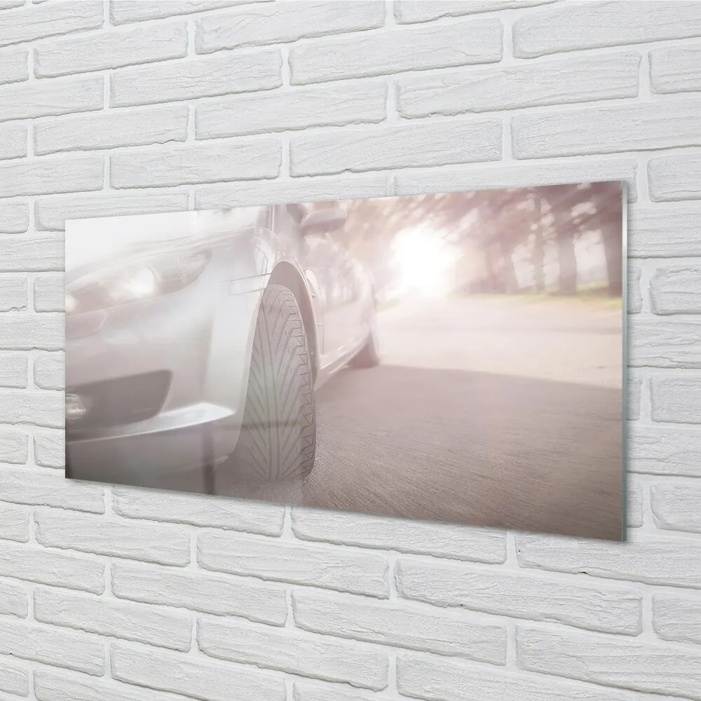 Obraz na skle Strieborné auto street tree 100x50 cm