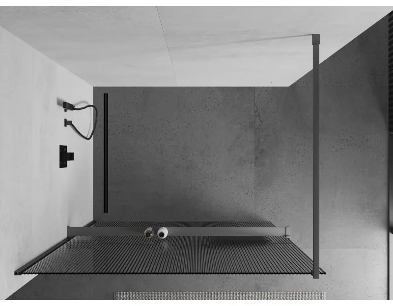 Mexen Kioto+, sprchová zástena Walk-In s poličkou a vešiakom 90 x 200 cm, 8mm sklo s rebrovým vzorom, grafitový profil, 800-090-121-95-09