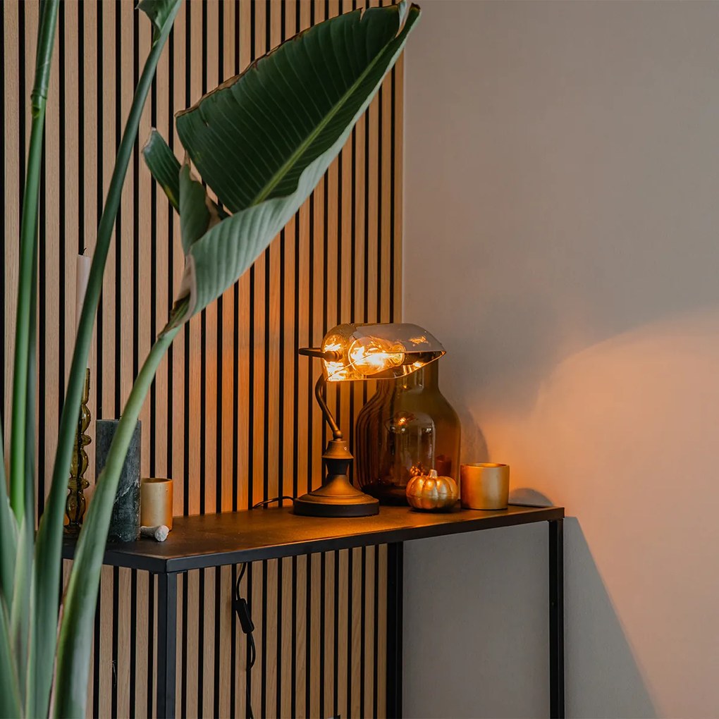 Klasická notárska lampa čierna s dymovým zrkadlovým sklom - Banker