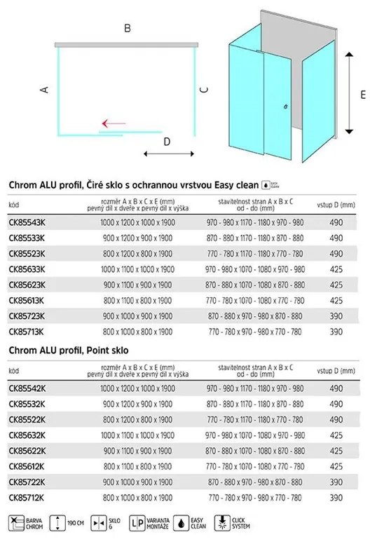 Mereo Lima, sprchovací kút 1200x800 cm, obdĺžnik, pev.díl x zasúvacie dvere x pev.díl, chróm ALU, sklo Číre, MER-CK85523K