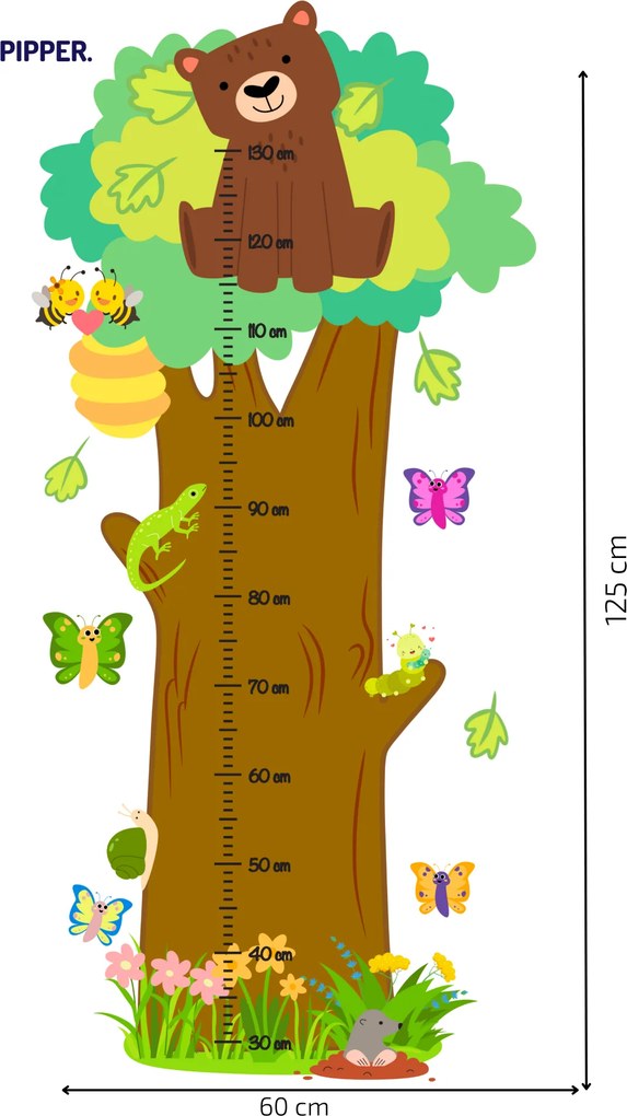 60x125cm Detský meter - strom so zvieratkami - textilná nálepka na stenu