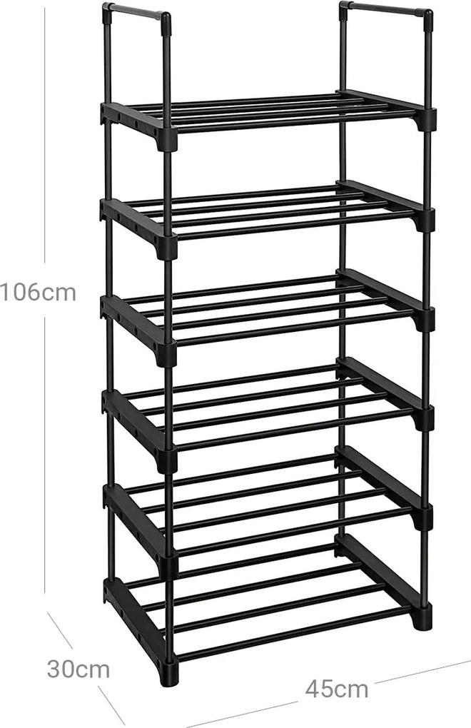 Kovový stojan na topánky, 6 úrovní, prispôsobiteľný, čierny