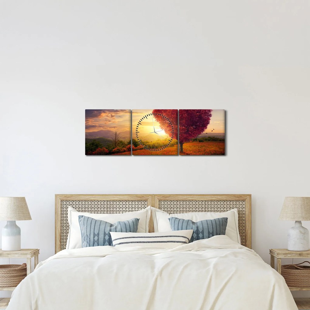 Obraz stromu v tvare srdca (s hodinami) (90x30 cm)