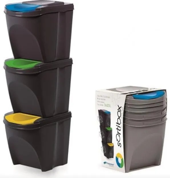 Odpadkový kôš na triedenie odpadu, 3x25l SORTIBOX XL, čierne