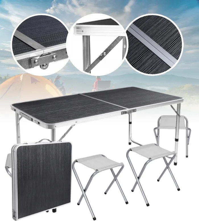 Kempingový skladací stôl so stoličkami – turistický set pre 4 osoby hnedá