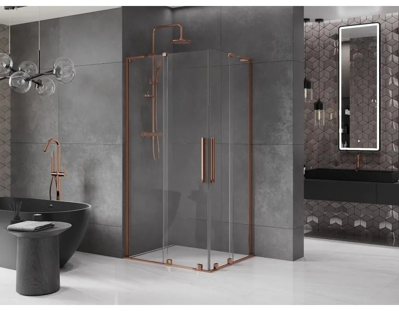 Mexen Velar L Duo, sprchový kút s posuvnými dverami 90 x 80 cm, 8mm číre sklo, ružové zlato, 871-090-080-02-03-60