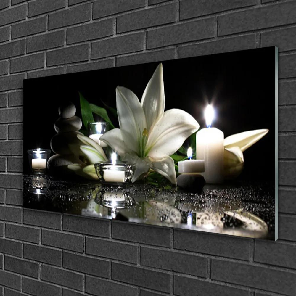 Skleneny obraz Ľalia sviečky kamene kúpele 100x50 cm