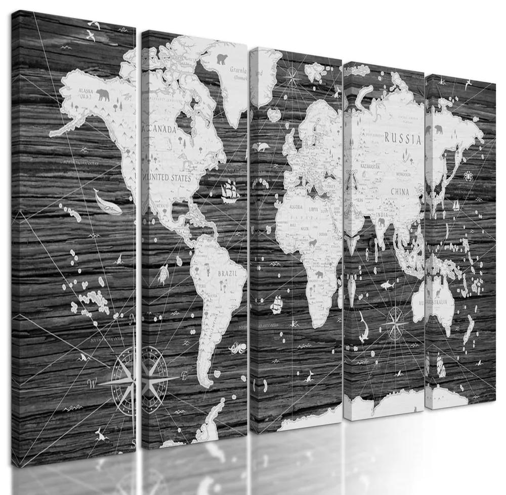 5-dielny obraz historická mapa sveta na drevenom pozadí v čiernobielom prevedení