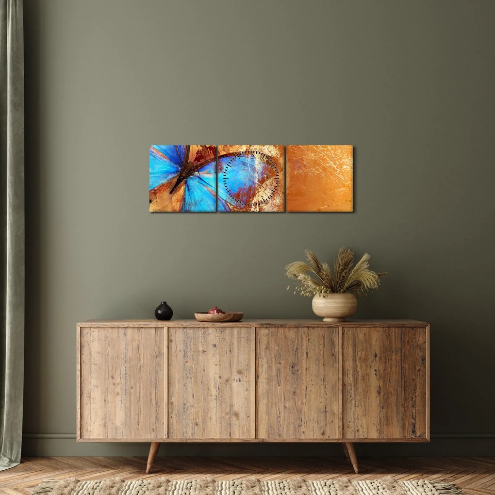 Obraz - Modrý motýľ (s hodinami) (90x30 cm)