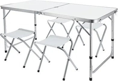 JU Skladací kempingový stolík + 4 stoličky, biely