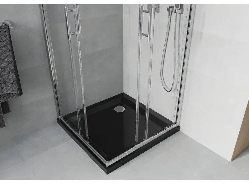 Mexen Rio, štvorcový sprchovací kút s posuvnými dverami 90 x 90 cm, 6mm číre sklo, chrómový profil + čierna sprchová vanička, 860-090-090-01-00-4070