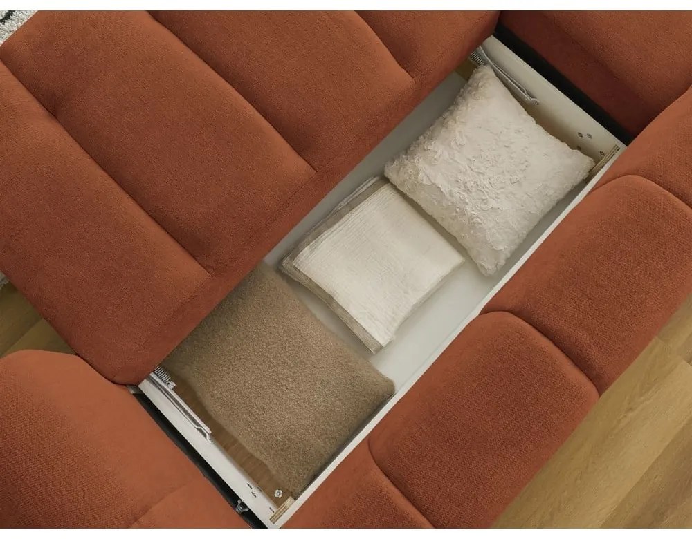 Rozkladacia/s úložným priestorom rohová pohovka v tehlovej farbe (ľavý roh/s leňoškou) Fuji – Bobochic Paris