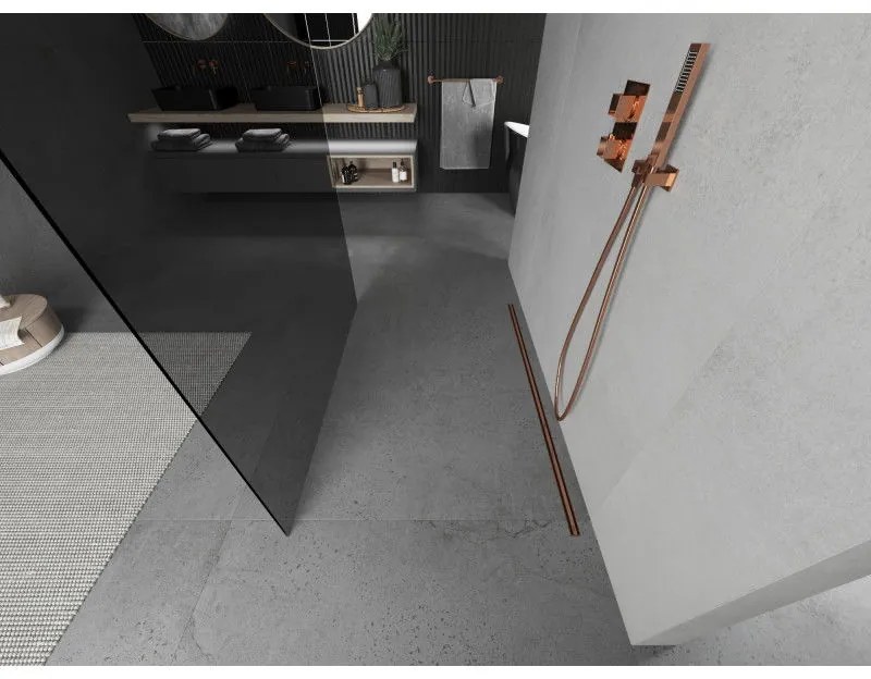 Mexen Kioto, priechodná sprchová zástena 100 x 200 cm, 8mm šedé sklo, 2x stabilizačná rozpera, ružové zlato, 800-100-002-60-40