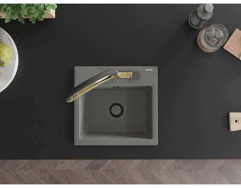 Mexen Milo, granitový drez 435x410x171 mm, 1-komorový a drezová batéria Duo, šedá, 6505-71-671701-57-B