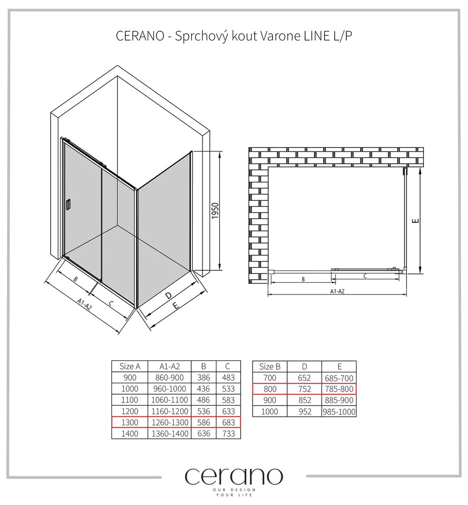 CERANO - Sprchovací kút Varone LINE L/P - čierna matná, transparentné sklo - 130x80 cm - posuvný, CER-CER-DY505B-90110