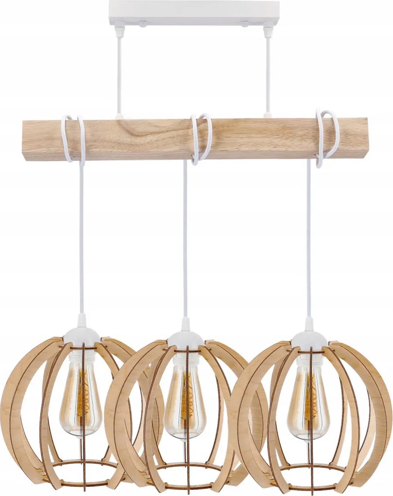 BERGE LED závesné stropné svietidlo, drevené, biele, 3xE27, vzácna guľa