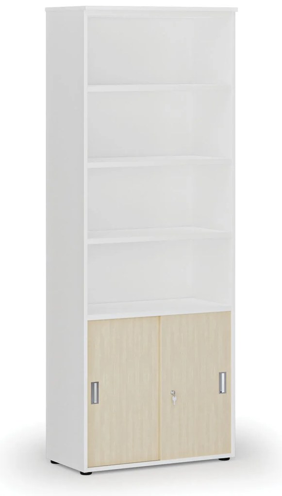 Kombinovaná kancelárska skriňa PRIMO WHITE, zasúvacie dvere na 2 poschodia, 800 x 420 x 2128 mm, biela/breza