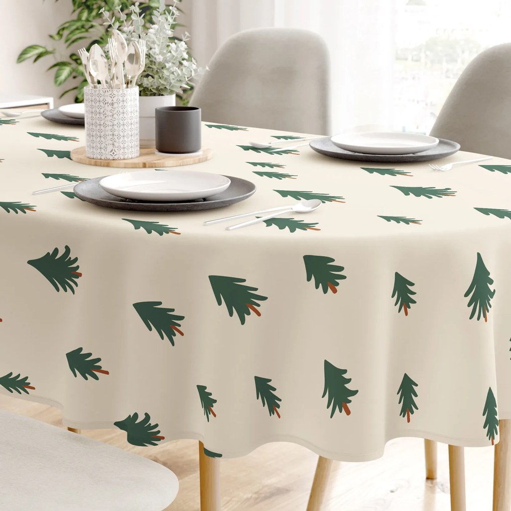 Goldea oválny obrus z pevnej bavlny - stromčeky na režnom 140 x 240 cm