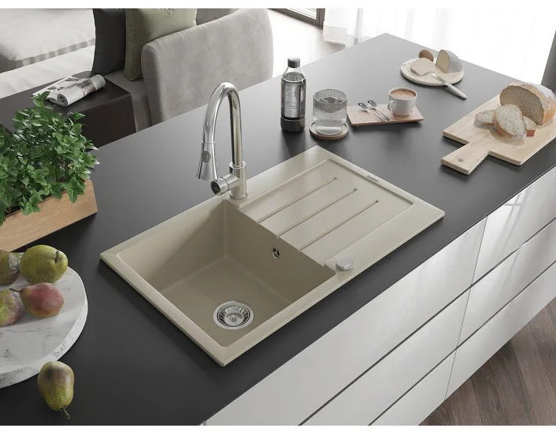Mexen Bruno, 1-komorový granitový drez 795x495x200 mm a drezová batéria Elia, béžová, 6513-69-670101-00