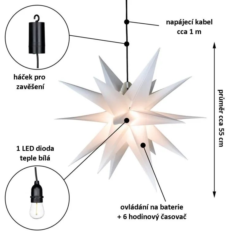 Nexos 67069 Vianočná dekorácia - hviezda s časovačom 1 LED, 55 cm, biela