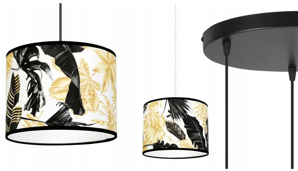 Závesné svietidlo Gold Flowers, 3x biele textilné tienidlo s kvetinovým vzorom, (výber z 2 farieb konštrukcie), o