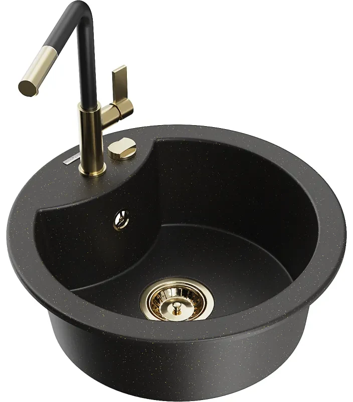 Mexen Diego, 1-komorový granitový drez 488x488x167 mm a drezová batéria Flora, čierna-zlatá metalíza, 6512-75-670401-57-G