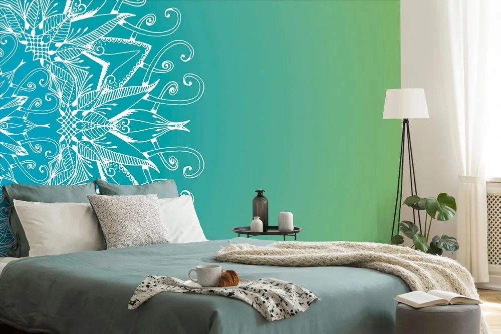 Tapeta biela Mandala na modrozelenom pozadí