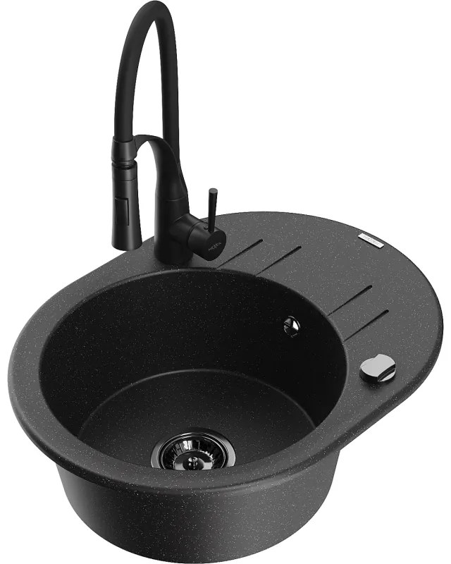 Mexen Kevin, 1-komorový granitový drez 586x458x190 mm a drezová batéria Aster, čierna-strieborná metalíza, 6517-73-73450-70-B